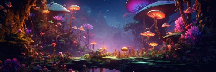 Obraz na płótnie Canvas Colorful Neon Light Tropical Jungle Plants - Dreamlike and Enchanting Fantasy Landscape