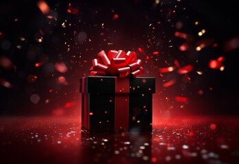 Black gift box with red bow on christmas background. Gift box with decorations red confetti on Christmas Golden light shine with red and gold particle. Black friday concept, copy space. Generative AI
