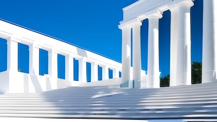 AI-generated content of Beautiful airy widescreen minimalistic white and light blue architectural background banner with tilted columns