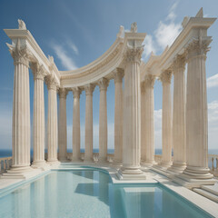 Serene and Ethereal Banner: Airy Ivory and Seraphic Sky Blue Architectural Background with Whimsical Tilted Pillars