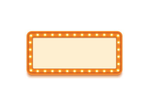 Antique shape marquee vintage 3d lightbox with glowing bulb. Orange color retro frame design vector illustration.