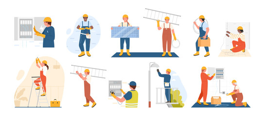 Work of electricians set vector illustration. Cartoon isolated technicians of maintenance and repair service fix electric city system, repairman working with professional devices, cables, solar panel