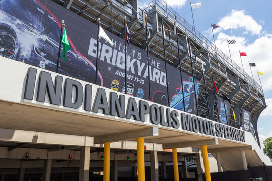 Indianapolis Motor Speedway Gate Two entrance. With a banner for the Verizon 200 and the Gallagher IndyCar Grand Prix.