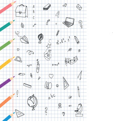 Freehand drawing school items on a sheet of exercise book. Back to School. Vector illustration. Set