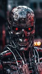 A futuristic human metal combat robot with menacingly glowing red eyes.