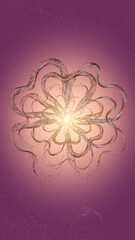 Dynamic Pink Liquid Flower Swirls on Purple Background with Flying Particles