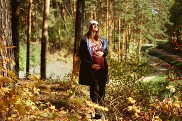 
beautiful pregnant woman in sunny autumn forest