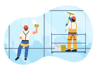Industrial climbers wash glass windows of office building at height vector illustration. Cartoon washer alpinists cleaning and climbing high up facade with rope of security belt, hanging on platform