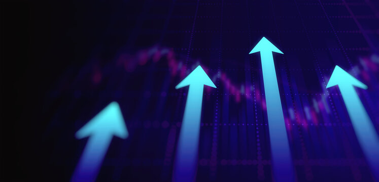 financial graph with arrows and trend line in stock market on neon color background