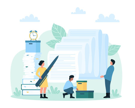Office paperwork and bureaucracy, documentary management and administration vector illustration. Cartoon tiny people holding big pen to sign long financial report, contract and paper business document