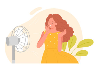 Cartoon isolated hot summer scene with woman. Happy girl in beautiful dress cooling at electric ventilator blowing, sitting at home and relaxing vector illustration