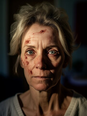 Depressive Frau mit Verletzungen im Gesicht durch häusliche Gewalt Nahaufnahme, ai generativ - obrazy, fototapety, plakaty