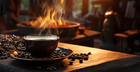 Fototapeta na wymiar View of smoke floating on coffee mug as well as fresh coffee beans on vintage old wooden board with a bonfire in the background create an atmosphere of shady and warmth. Generative ai