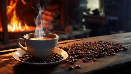 View of smoke floating on coffee mug as well as fresh coffee beans on vintage old wooden board with a bonfire in the background create an atmosphere of shady and warmth. Generative ai