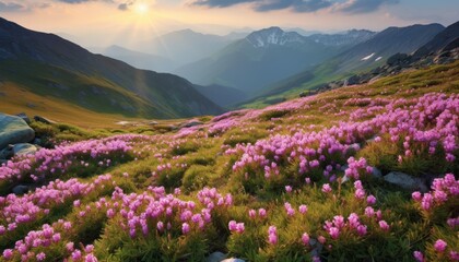 Naklejka na ściany i meble Fields of flowers in the mountains