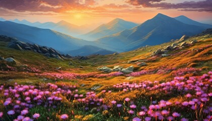 Fototapeta na wymiar Fields of flowers in the mountains