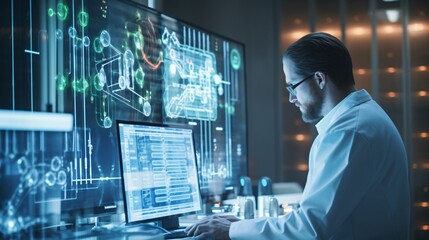 Precision Medicine Testing. A scientist or technician using AI-driven genetic testing equipment to analyze and interpret genetic data, enabling precision medicine treatments and therapies