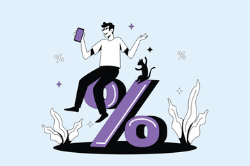 Person with sale, Business success illustration concept, Man seat on percentage sign vector art
