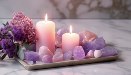 Obraz na płótnie Canvas Gemstones set, candle, lilac flowers on marble background. gemstones for Healing Crystal Ritual, esoteric spiritual practice, aura cleansing, relax. reiki therapy. Fluorite, amethyst, rose quartz