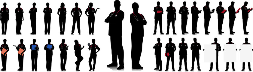 Silhouette set of healthcare worker. Happy smiling doctor with a stethoscope. Male and female nurse in blue uniform poses. Different color options. Vector flat style illustration set isolated on white