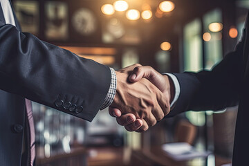 Close up of two men shaking hands in an office. Two business men decide a deal.