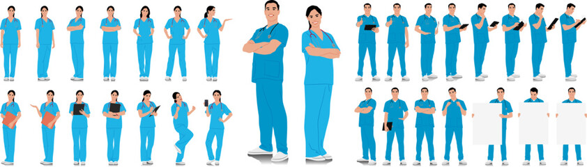 Obraz premium Hand-drawn healthcare worker set. Happy smiling doctor with a stethoscope. Male and female nurse in blue uniform poses. Different color options. Vector flat style illustration set isolated on white