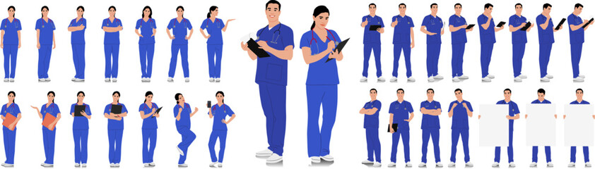 Obraz premium Hand-drawn healthcare worker set. Happy smiling doctor with a stethoscope. Male and female nurse in blue uniform poses. Different color options. Vector flat style illustration set isolated on white