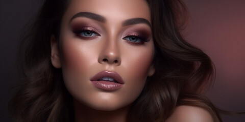 Fototapeta premium Hübsche Model Frau mit spezialen Foto Makeup Nude Visagistik Smokey Eyes Nahaufnahme, ai generativ
