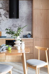 furnishing idea for kitchen with wood tabletop and decor