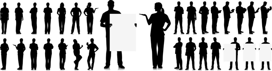 Silhouette set of healthcare worker. Happy smiling doctor with a stethoscope. Male and female nurse in blue uniform poses. Different color options. Vector flat style illustration set isolated on white