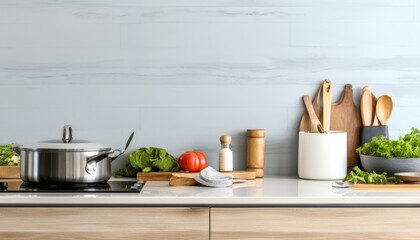 Fototapeta na wymiar Modern kitchen countertop with domestic culinary utensils on it, home healthy cooking concept banner