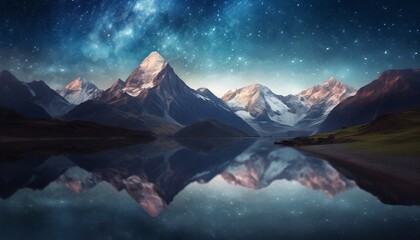 Naklejka na ściany i meble Night landscape with a mountain lake and a starry sky