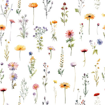 Wildflower Watercolor Seamless Pattern, Garden Flowers, Floral, Boho Watercolor Flower.