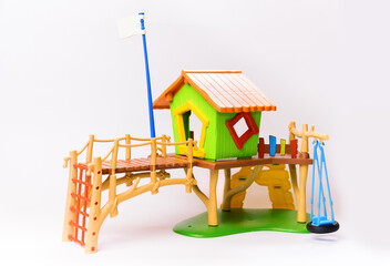 Playground with slides, house, ropes and stairs children's toy miniature mockup