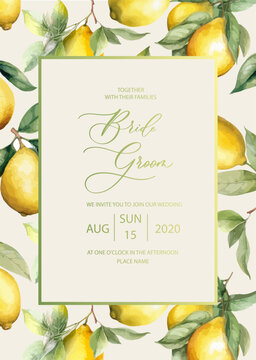Wedding invitation card background with watercolor lemons. Abstract floral art background vector design for wedding invitation and vip cover template.