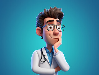 Cartoon Character: Male Doctor in a State of Confusion. Thoughtful Man Touching His Head and Puzzled Expression on Isolated Blue Background doctor with stethoscope Generative ai