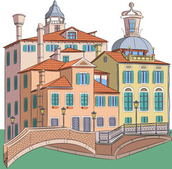 Color drawing of old multi-colored traditional Venetian houses and a jetty on the bank of a canal.