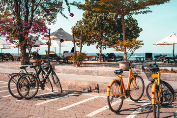 A colorful group of bicycles parked on a sidewalk sea background with an umbrella, chairs, and plants nearby, featuring one standout bright yellow bicycle with a basket