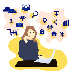 girl with internet and laptop cartoon illustration background