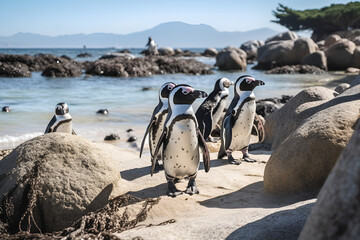 Fototapeta premium Penguins at Boulders Beach Cape Town Mountain landscape