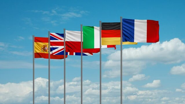 Group of Six or Euro Six, european political forum illustration, G6 Country members flags loop video