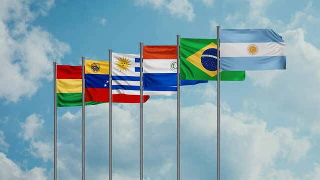 Mercosur or Southern Common Market country members flags loop video