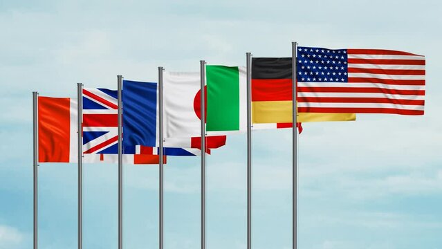 Group of Seven or Big Seven, intergovernmental political forum illustration, G7 Country members flags, endless loop video