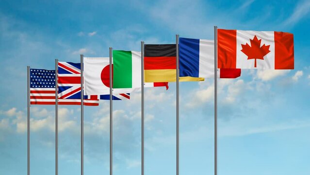 Group of Seven or Big Seven, intergovernmental political forum illustration, G7 Country members flags, endless loop video