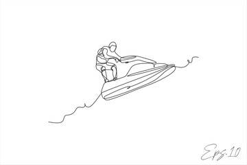 continuous line vector illustration of people riding
 jet ski motor boats