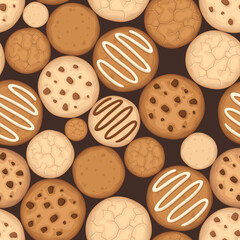 Seamless background with cookies on a brown background. Vector illustration