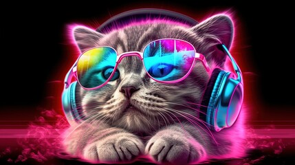 Naklejka premium Cool cat in headphones and sunglasses listens to music. Close portrait of furry kitty in fashion style. Generative AI illustration. Printable design for t-shirts, mugs, cases, etc.