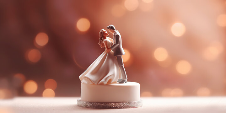 Close-up of figurine couple on wedding cake on isolated bokeh background with copy space