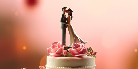 Close-up of figurine couple on wedding cake on isolated background