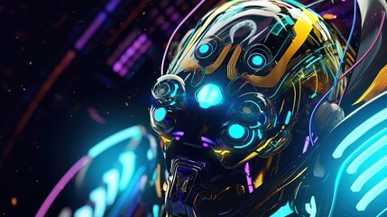 Artificial Intelligence robot face. Digital cyborg. Background in technology style. Generative AI. Illustration for banner, poster, cover, brochure or presentation.